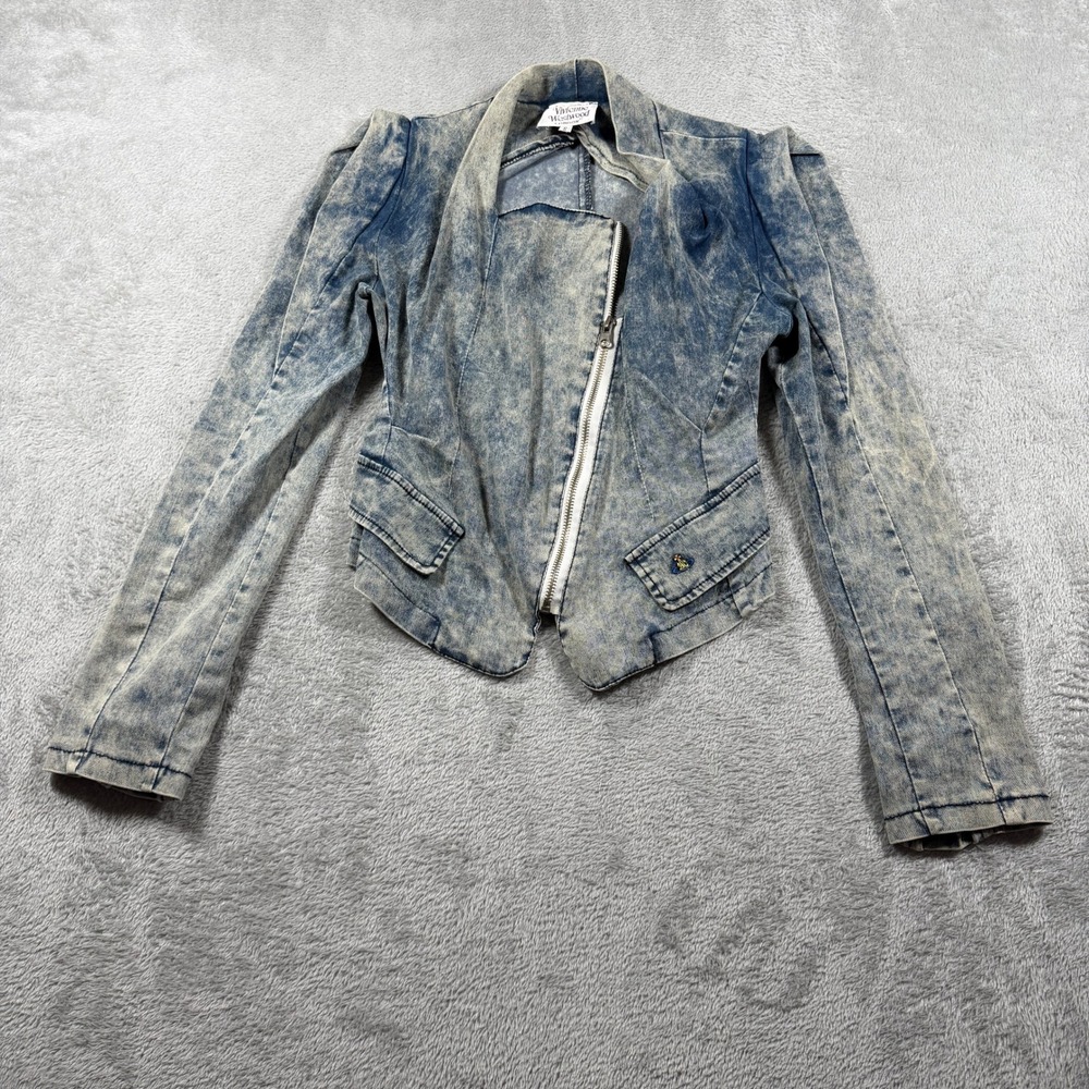 Vivienne Westwood Denim Jacket Women Small Blue Acid Wash Asymmetric Zip